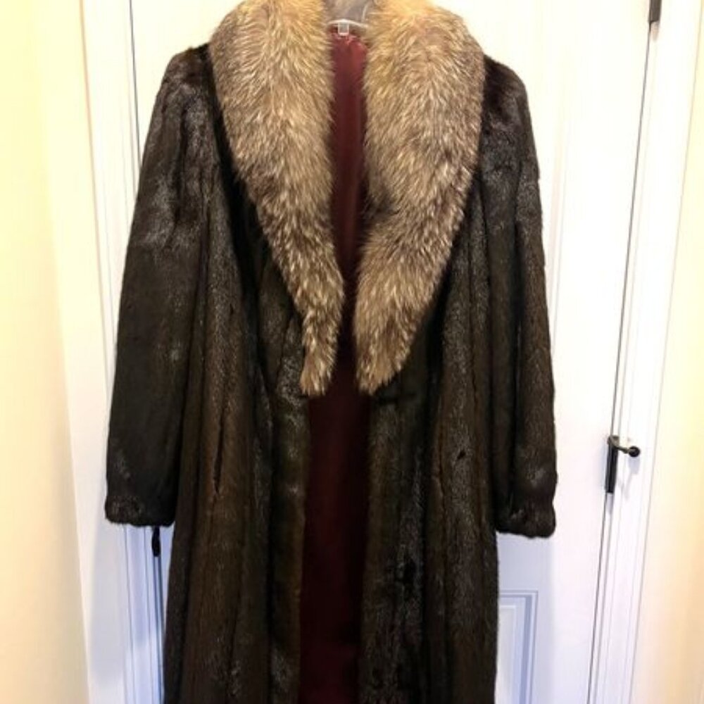 Vintage Ranch Mink Coat 49” Indigo/Silver Fox Collar, Banded Cuffs, Male Split